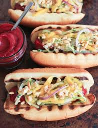 Hot Dogs With Cucumber Mango Slaw And Homemade Srirachup Domesticate Me Recipe Mango Slaw Hot Dog Recipes Cooking