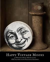 Modello di arte popolare primitiva, lune di legno vintage felici con  grafica stampabile di Walnut Ridge Primitives