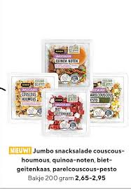 Ah maaltijdsalade griekse witte kaas met korting kopen.bespaar ook geld op de dure boodschappen. Jumbo Snacksalade Couscous Houmous Quinoa Noten Biet Geitenkaas Parelcouscous Pesto Aanbieding Bij Jumbo