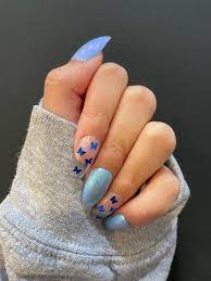 Press On Nails Blue Iridescent Butterflies In 2021 Blue Nails Short Square Acrylic Nails Acrylic Nails Coffin Short