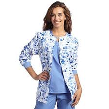This Is A Classic Warm Up Nursing Jacket In A Floral Print That Combines Nicely With Solid Scrubs The 904 From White Cro Scrub Jackets Jackets Nursing Jackets