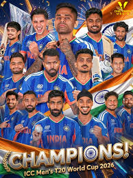 India are crowned champions of the ICC Men's T20 World Cup 2026 after a  dominant campaign and a memorable final performance. 🇮🇳🏆 The victory  marks another historic moment for Indian cricket as