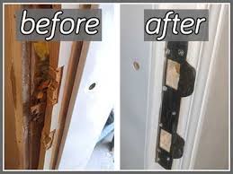 Door Frame Repair Photo Check Out The New Wood And Metal Plates We Installed After The Door Were Kicked In Door Frame Repair Door Repair Wood Door Frame
