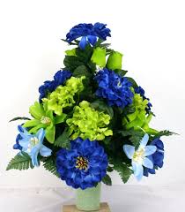 Father S Day Cemetery Vase Flower Arrangement Featuring Blue Daisies And Lime Green Hydrangea Flower Vase Arrangements Memorial Flowers Flower Arrangements
