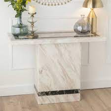 The 5373 living room tables feature a curved steel base with travertine marble tops. Buy Urban Deco Rome Cream Marble Console Table The Furn Shop