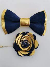 Gold And Royal Blue Leather Bow Tie Pin Set Groomsmen Attire Royal Blue Bow Tie Leather Bow Tie Leather Bows