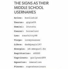 The Signs As Their Middle School Usernames Zodiac Zodiac Signs Gemini Zodiac Sign Traits Zodiac Star Signs