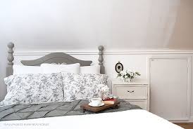 The board fits perfectly behind a layering of pillows and provides a finishing touch to the platform bed. Annie Sloan French Linen Headboard Makeover Salvaged Inspirations