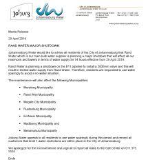 Rand water says this is due to a planned shutdown which will allow them to replace a 800mm valve and bypass valve. Johannesburg Water On Twitter Mediarelease 29 April 2019 Rand Water Major Shutdown P