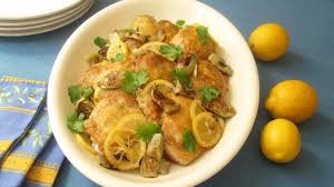 Baked Chicken Thighs With Artichoke Hearts And Lemon Pickles Sara Moulton Baked Chicken Thighs Lemon Pickle Lemon Artichoke Chicken
