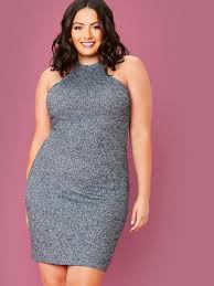 Style Elegant Color Grey Pattern Type Plain Neckline Halter Dresses Length Short Type Ribbed Knit Bodycon Dress Halter Bodycon Dress Denim Party Dresses