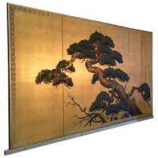 Have someone hold the screen in place (place pressure along the folds where there are wooden supports beneath the paper/silk). Byobu Antique Japanese Screen Painting Four Panels Signed 1stdibs Com Japanese Wall Art Art Deco Cards Japanese Art Styles