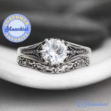 White Sapphire Wedding Ring Set Sterling Silver Filigree Etsy