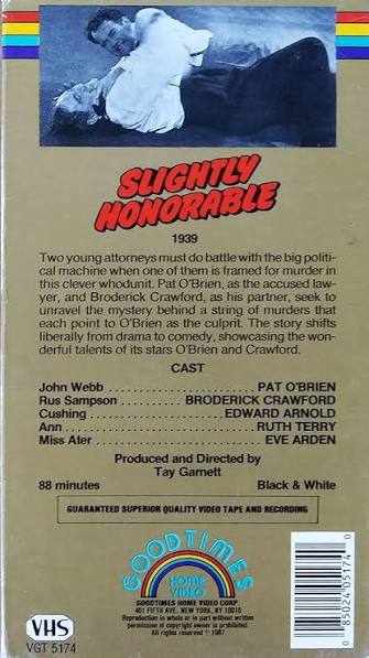 Amazon.com: Slightly Honorable [VHS] : Arden, Eve, Arnold, Edward, Beecher,  Janet, Brooks, Phyllis, Clark, Cliff, Crawford, Broderick, Dinehart, Alan,  Dodd, Claire, Dumbrille, Douglass, Fowley, Douglas, Kane, Marjorie, Keyes,  Evelyn, Nedell, Bernard, O ...