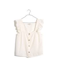 Linen Blend Ruffle Strap Button Up Tank Top