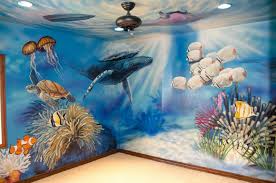 Open and mix a container of light blue paint, and load a sea sponge with the paint. Room Ideas Sea Life Mural By Socal Artist Mural Beach Mural Mural Wall Art
