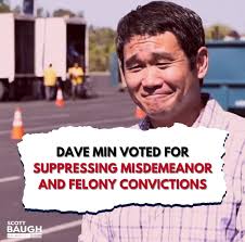 Dave Min has made it clear—he cares more about protecting criminals than  the safety of our community. He voted to suppress records of misdemeanor  and felony convictions, giving criminals a free pass