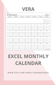 Editable 2020 Excel Calendar Template Printable Minimalist Monthly Planner Modern Wall Calendar Vera In 2020 Excel Calendar Template Yearly Calendar Template Excel Calendar