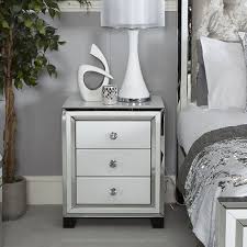 Madison White Glass 3 Drawer Mirrored Bedside Cabinet Picture Perfect Home Mirror Bedside Mirrored Bedroom Furniture Bedside Cabinet