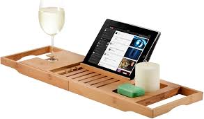 These bathtub trays are here to help, combining function this white plastic expandable bath tray comes with two small inserts so you can store items like razors without them falling through the slots. Amazon Com Bambusi Premium Bamboo Bathtub Tray Caddy Wood Bath Tray Expandable With Book Wine Holder Ideal Gift For Loved Ones Home Kitchen