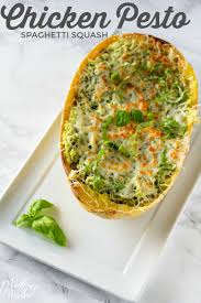 Chicken Pesto Spaghetti Squash Bowls Skip The Pasta And Make These Chicken Pesto Spaghetti Squash Squash Recipes Pesto Spaghetti Squash Healthy Squash Recipes