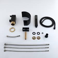 The faucet includes interchangeable hot and cold stems with lever handle control mechanism. Black Brass Bathtub Faucet Curved Waterfall Spout Tap 3 Pieces Set