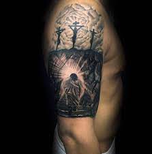 'black unidentified pattern' tattoo on both the arms. 60 Jesus Arm Tattoo Designs For Men Religious Ink Ideas