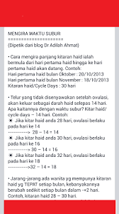 Contohnya, jika anda datang haid pada 1 januari, maka waktu subur anda adalah 13 januari hingga 15 januari. Facebook