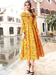 Robe longue en mousseline froissée. Robe Jaune Fleurie Manches Longues Soie Ruffles Elastique Imprime Robe Maxi Femmes Milanoo Com