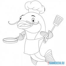 Catfish coloring pages for kids. Coloring Page Fish Funny Catfish Chef Print