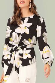Bow blouse pattern with free shipping. Womens Fancy Black Floral Pattern Round Neck Long Sleeve Tied Waist Blouse Takeluckhome Com