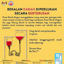 Jika menderma darah dapat menyelamatkan orang lain dari kematian, dan para pakar mengatakan hal itu tidak menyebabkan kesan negatif pada penderma, sama ada pada fizikal, kehidupan semoga isu ketidakcukupan darah di pusat darah negara dapat diatasi dengan segera. Kementerian Kesihatan Malaysia Jom Kita Derma Darah Facebook
