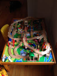 Children S Train Track Design On A Standard Wooden Train Table Not My Husband S Design But He Likes It A L Wooden Train Track Toy Trains Tracks Wooden Train