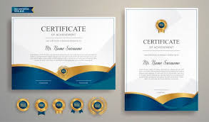 Blue And Gold Certificate Border Template With Luxury Badge And Modern Line Pattern For Award Business And Education Needs Certificate Design Template Certificate Border Certificate Of Achievement Template