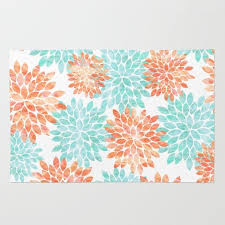 Use the colors within the rug to help choose art prints, furniture fabric and accent pillows. Aqua And Coral Flowers Rug By Sylvia Cook Photography Society6 Coral Rug Coral Flowers Coral Aqua