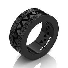 Mens Modern Italian 14k Black Gold Triangle Black Sapphire Channel Cluster Engraved Wedding Band R777e 14kbgbls Black Gold Ring Unique Black Diamond Rings Black Diamond Ring