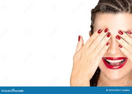 Beauty and Makeup Concept with a Smiling Woman with Braided Hair, Ed Nail  Polish and Lipstick Stock Photo