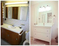 Since our bathroom only had one sink, we decided to use smaller three drawer dresser. Thrifty Bathroom Makeover With An Ikea Hemnes Vanity The Happy Housie