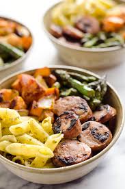 You might substitute ziti, mostaccioli or rigatoni but avoid flat or shaped pasta with this chunky drain pasta and add to skillet, mixing to coat. Roasted Veggie Chicken Sausage Penne Bowls