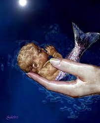 Mommy and baby mermaid silhouettes playing with pearls and shells in the sea. Merbabe Baby Mermaid Fantasy Mermaids Beautiful Mermaids