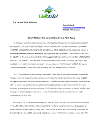 For Immediate Release $13.9 Million for Demolition in the Flint Area