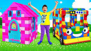 Max and Sasha plays with Colored Toy Blocks Buses and Playhouses - YouTube