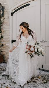 Bohemian Light Plus Size Wedding Dress Deep V Neckline And Flutter Sleeves Rosie By Studio Levana I 2020