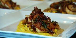 Pan Seared Scallops With Bacon Jam And Truffle Corn Puree Recipes Food Network Canada Scallop Recipes Pureed Food Recipes Corn Puree Recipe