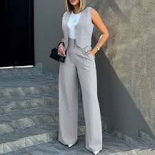 Riforla Womens Elegant Solid Color Suit Vest Tank Cardigan Pockets Tops  Wide Leg Pants Suit Two Piece Sets for Women Grey S - Walmart.com