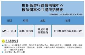 6/6公佈最新足跡參考 #幫忙分享出去 彰化縣流行疫情指揮中心公布確診個案公共場所活動史 #資料由衛生局提供 #如有異議請直接與衛生局連繫 為防範發生持續社區傳播，請曾出入上述相關場所之民眾，自出入該場所起14天內，若有出現發燒、上呼吸道、腹瀉、嗅味覺異常等或其他不適症狀，請儘速. A Op3cc 8afbvm