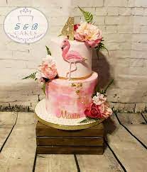 Pink Floral And Fern Flamingo 4th Birthday Cake With Gold Flakes By S B Cakes Philadelphia P Elegant Birthday Cakes Flamingo Themed Party 4th Birthday Cakes