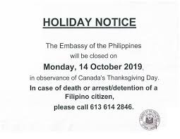 The canadian press writes that between 1921 and 1923, armistice and thanksgiving. Philippine Embassy In Canada On Twitter Holiday Notice In Observance Of Canada S Thanksgiving Day Monday 14 October 2019