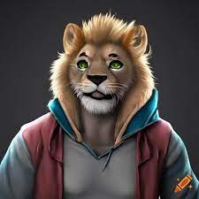 Image of a male anthropomorphic lion furry, he is very fit, green eyes and  black hair, wearing jeans and a hoodie, photo realistic, furry art, anime  on Craiyon