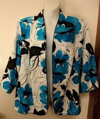 Plus Size Vintage 90 S Asian Inspo Women S Lightweight Gabardine Jacket White W Blue Black Floral Watercolor Print Flower Prints Blazer Plus Size Vintage Women Black Floral